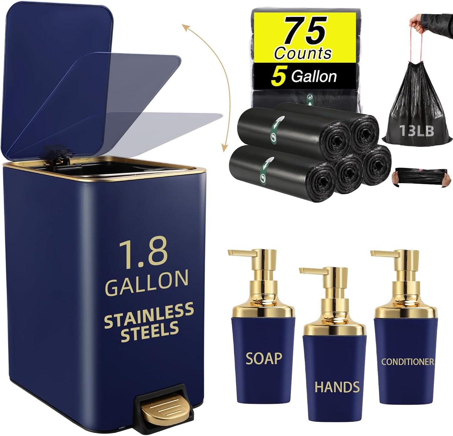 Small Bathroom Trash Can with Lid Soft Close, 1.8 Gallon Stainless Steel Garbage Can with Removable Inner Bucket,3PCS Soap Dispenser,75Count Trash Bag, Slim Step Pedal Trash Bins