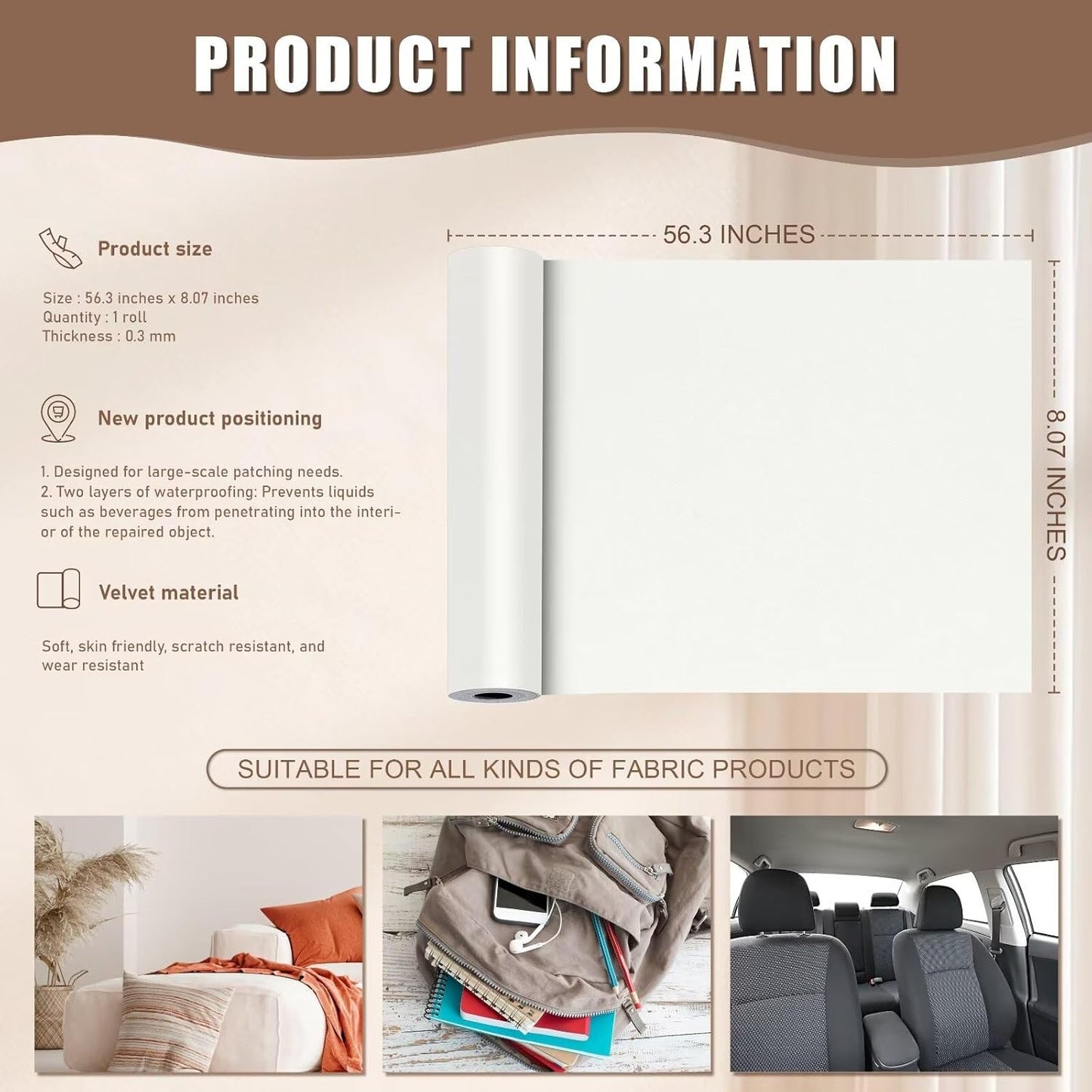 Azobur Couch Patches, Extra-Large Durable Fabric Tape, Ideal for Automotive Upholstery Repair, Waterproof, Self-Adhesive, Quickly Fix Sofas, Car Interiors, and Other Fabric Items (White)