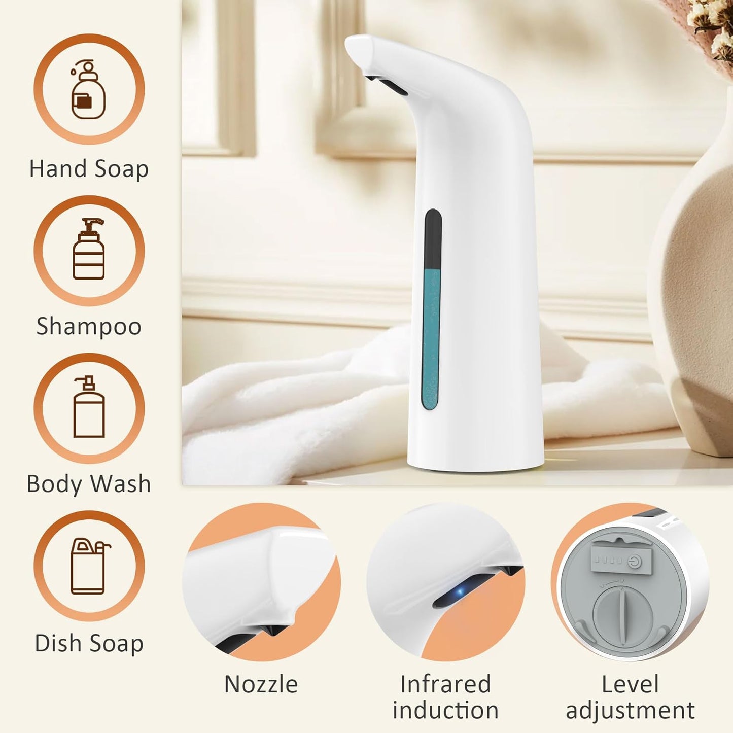 Automatic Liquid Soap Dispenser Touchless,400ML Modern White Dish Soap Dispenser with Sensor,4 Gear Adjustable Battery Operated Waterproof Hand Sanitizer Dispenser for Bathroom