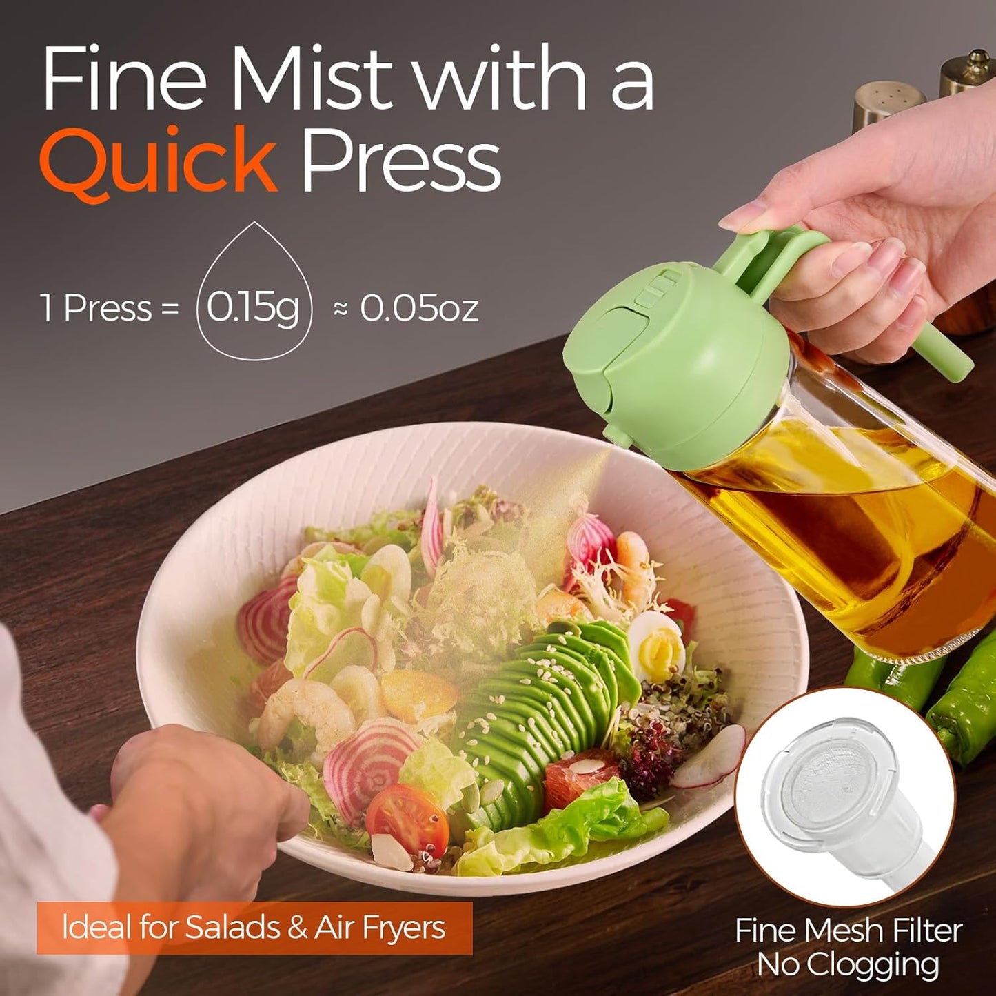 YARRAMATE 16oz/470ml Glass Olive Oil Sprayer for Cooking with Stickers, 2 in 1 Oil Dispenser for Kitchen Gadgets, Food Grade Premium Spray Bottle with Portion Control for Salad, Frying, BBQ (Green)