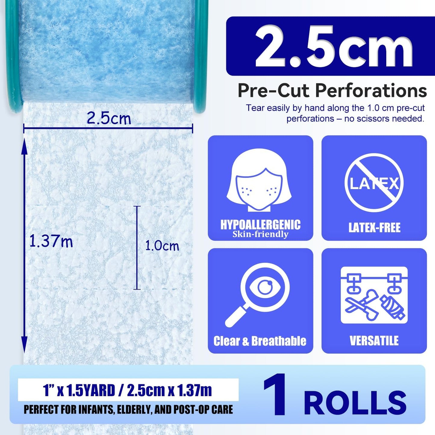 FRESINIDER Silicone Medical Tape – 1" x 1.5 Yard Blue 2 Rolls, Pre-Cut, Waterproof & Repositionable, Pain-Free Removal, Hypoallergenic Adhesive for Sensitive Skin, Wound Care & First Aid Use