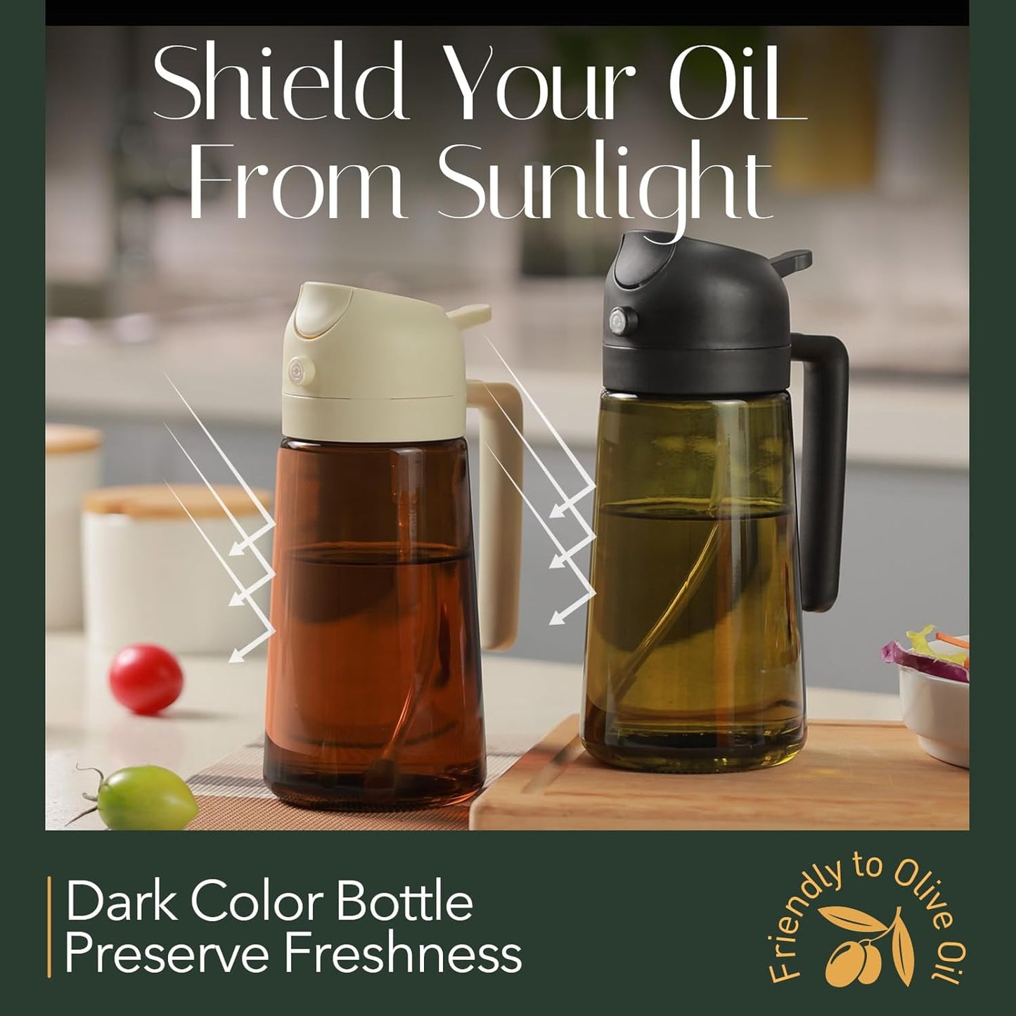 YARRAMATE 16oz/470ml Light-Blocking Dark Oil Sprayer for Cooking, 2 in 1 Olive Oil Dispenser Bottle for Kitchen, Premium Dark Green Glass Oil Bottle, Food-Grade Oil Mister for Air Fryer, BBQ (Pomelo)