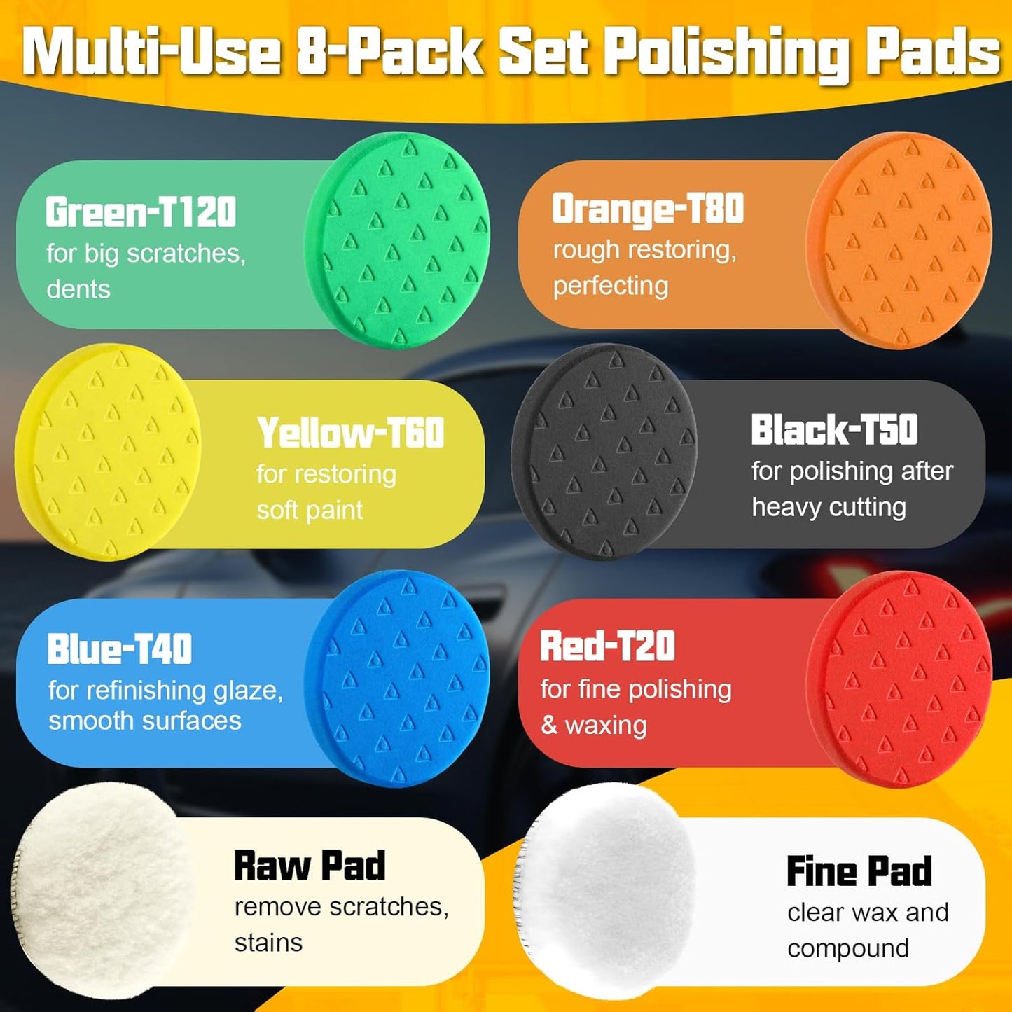 8 Pcs Polishing Pads, Buffing Pads 5.5 Inch 138mm for 5 Inch Backing Plate, High-Density & Reusable Buffing Sponge Pads and Woolen Pads Cutting Polishing Pad Kit for Car Buffer Polisher & Waxing