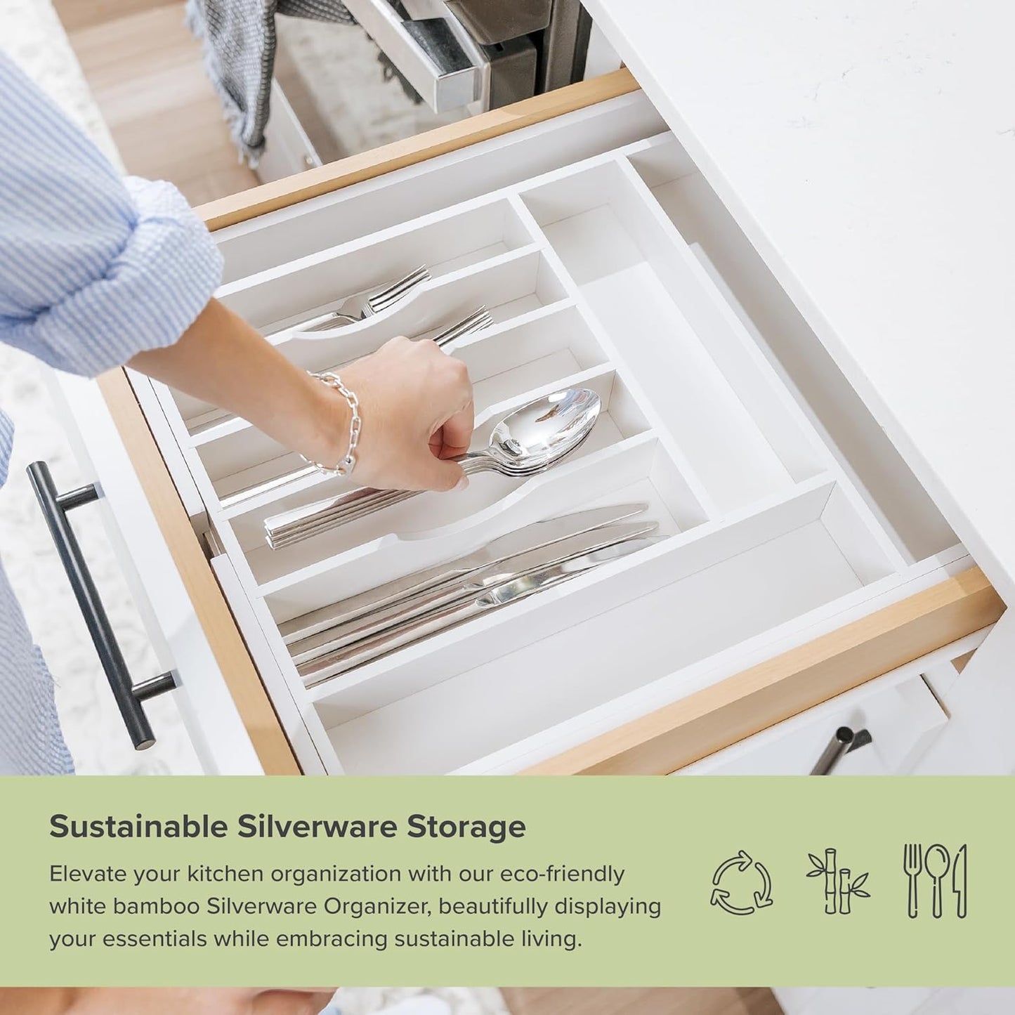 KitchenEdge Premium Silverware, Flatware and Utensil Organizer for Kitchen Drawers, Food-Safe Contract Grade, Expandable from 14.5 to 25 In, White Bamboo