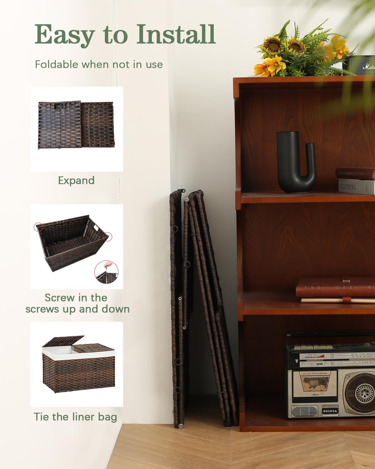 Storage Basket with Lid Rattan Woven Storage Baskets with 2 Separate Lids, 17.2 Gallon (65 L), 22 x 13 x 13.8 Inches,Foldable, 2 Removable Liner Bags Handles for Bedroom, Laundry Room Brown