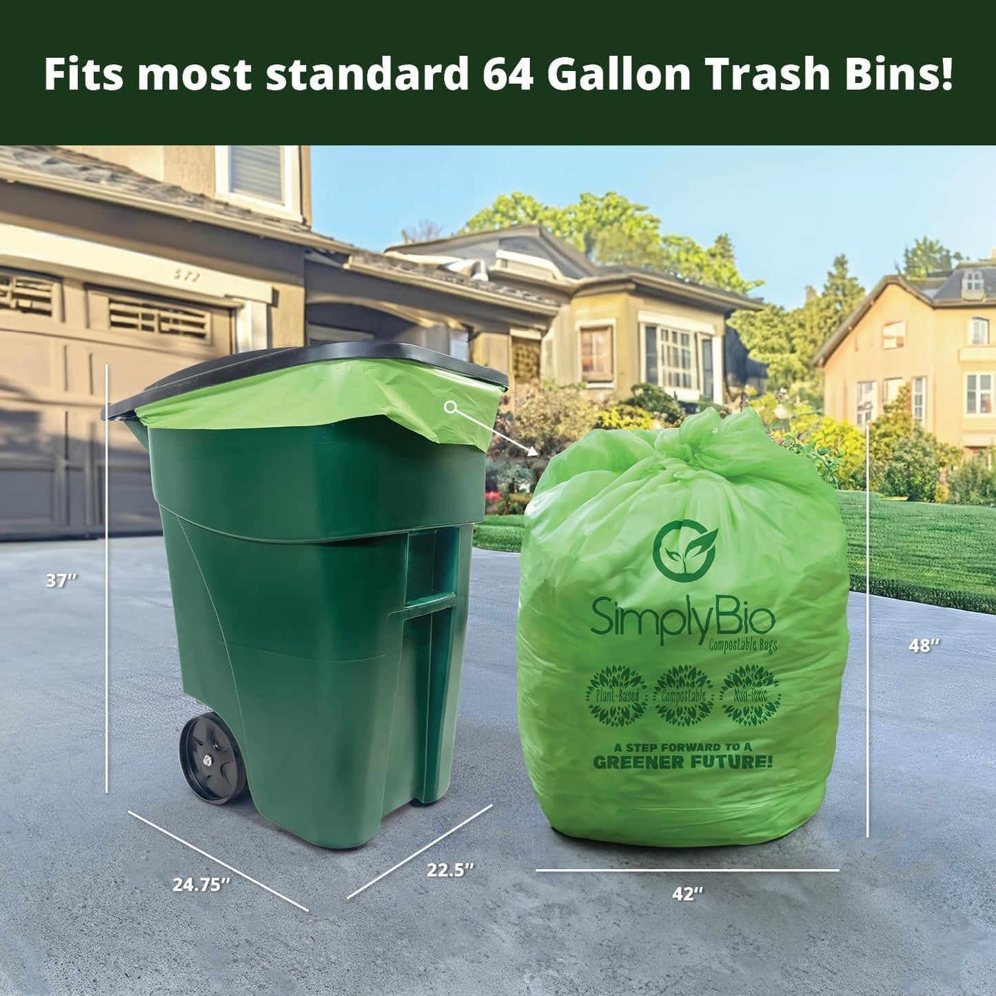 60-64 Gallon Compostable Trash Bags 12 Bags with Flat-Top Large Compost Bags Thick 1.57 Mil, 242.72 Liter Lawn and Yard Waste Bag for Outdoor Garden ASTM D6400, US BPI and OK Compost Home Certified