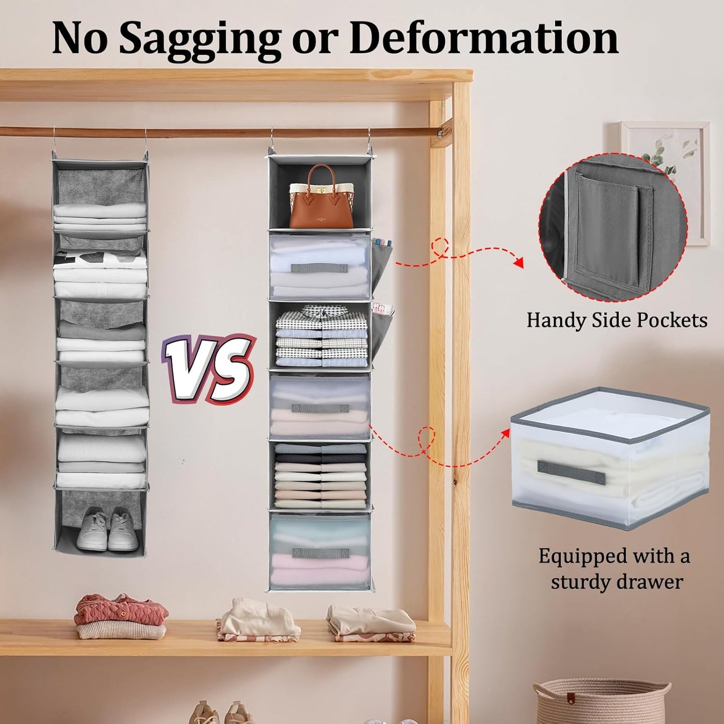 6-Tier Hanging Closet Organizer with 3 Drawers and Side Pockets – Multi-Functional Storage for Shoes, Belts, Purses, and Clothing