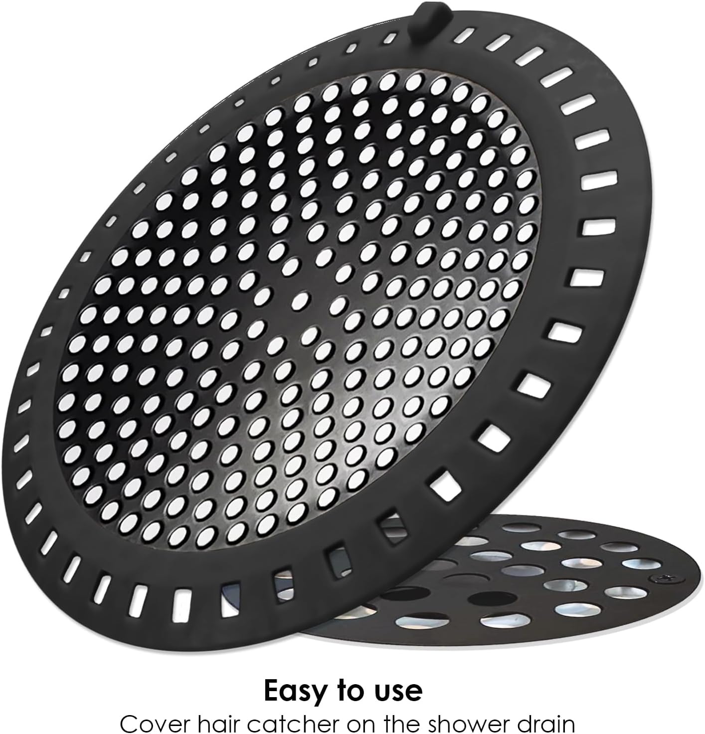 2PCS Shower Hair Drain Catcher/Strainer/Cover/Filter/Trap, Hair Stopper Floor Drain, Stainless Steel with Silicone Edge Drain Protector, Black, 4.75 Inch Diameter