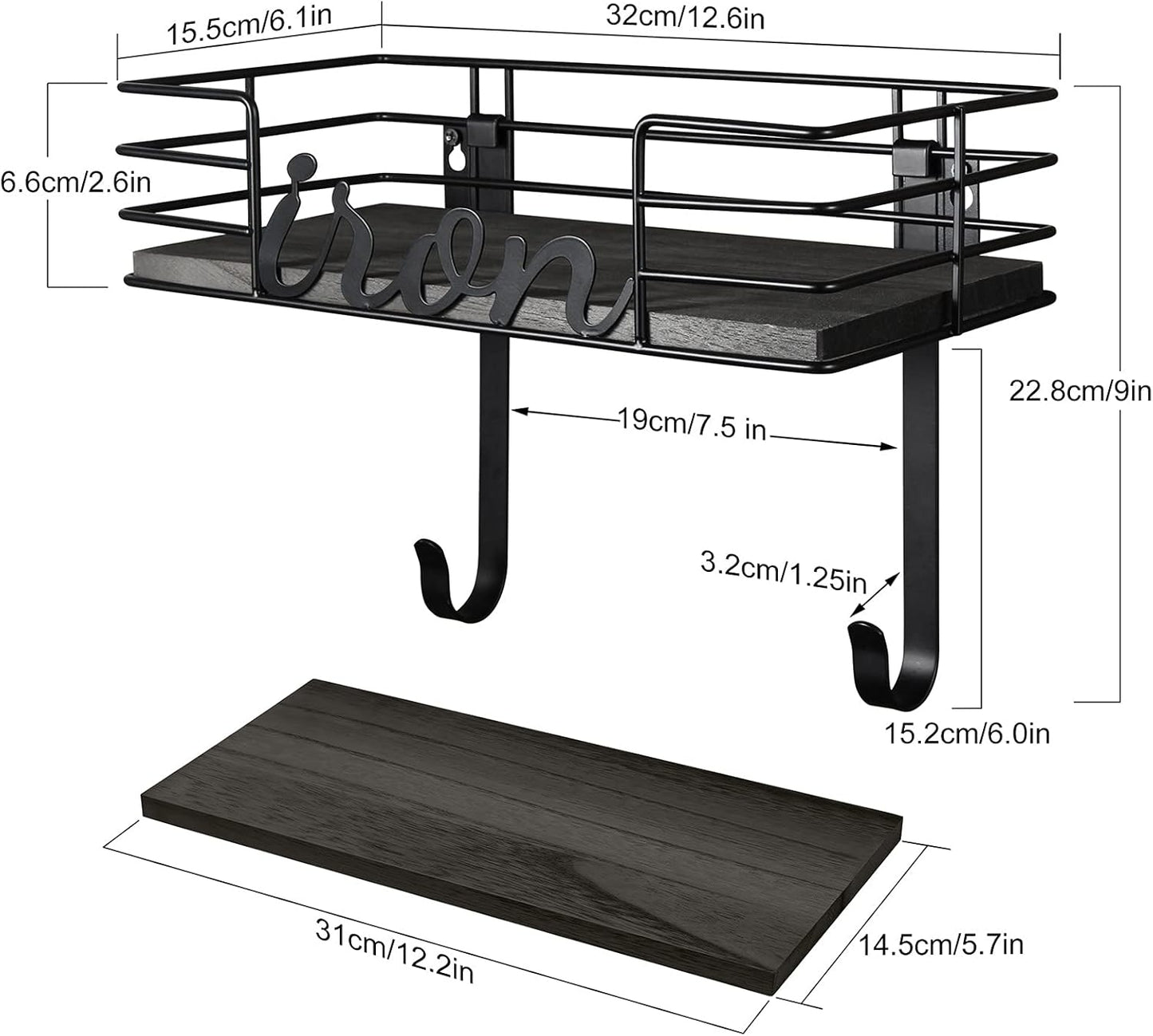 TJ.MOREE Ironing Board Hanger Wall Mount - Laundry Room Iron and Ironing Board Holder, Metal Wall Mount with Large Storage Black Wooden Base Basket and Removable Hook(Black)