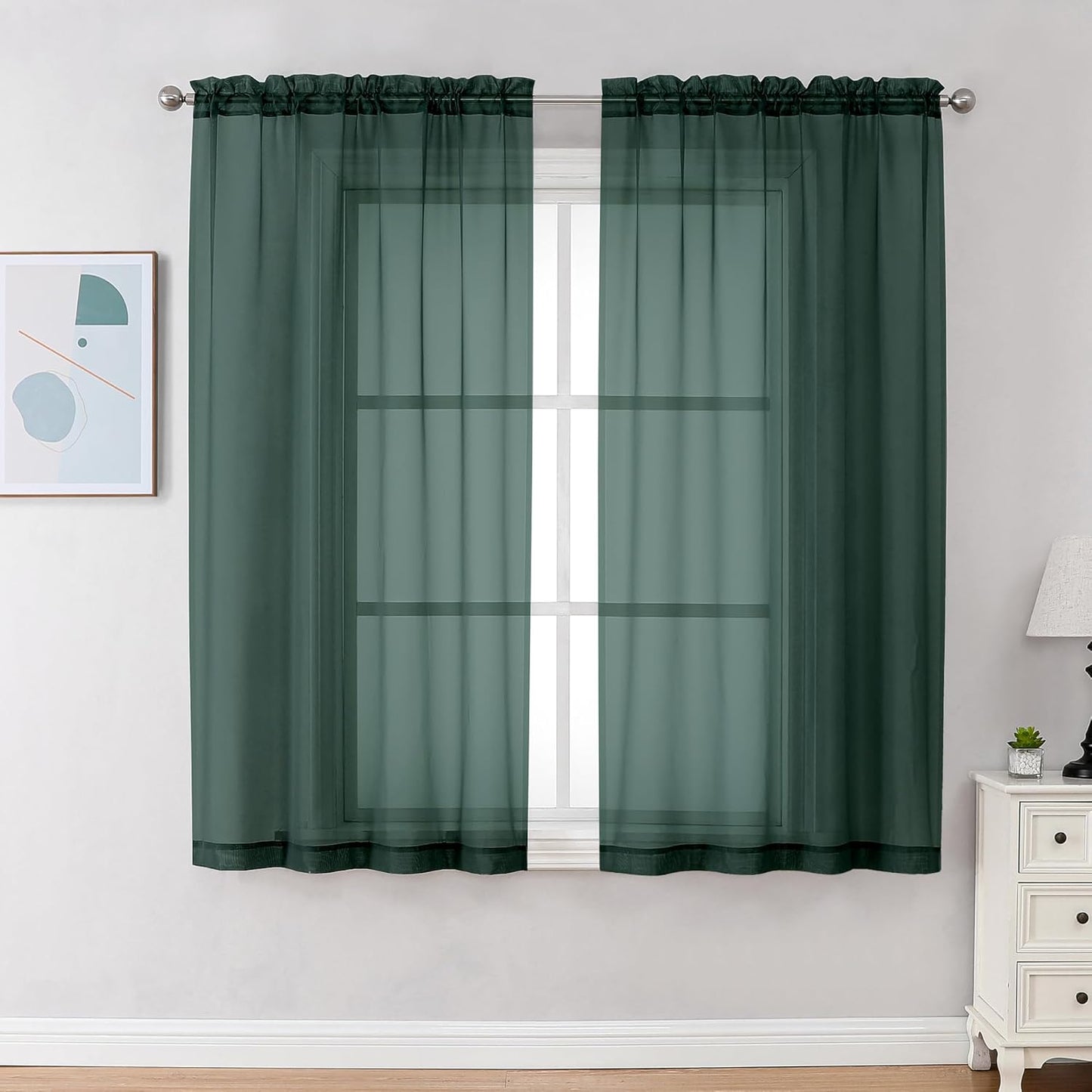 Chyhomenyc Hunter Green Sheer Curtains 63 Inch Length 2 Panels, Rod Pocket Solid Window Sheer Curtain Panels, Elegant Curtains & Drapes for Living Room Bedroom 2 Panels (Hunter Green, 42 W x 63 L)