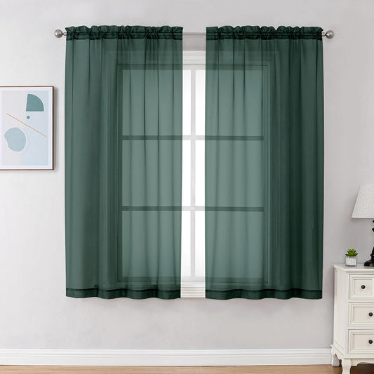 Chyhomenyc Hunter Green Sheer Curtains 63 Inch Length 2 Panels, Rod Pocket Solid Window Sheer Curtain Panels, Elegant Curtains & Drapes for Living Room Bedroom 2 Panels (Hunter Green, 42 W x 63 L)