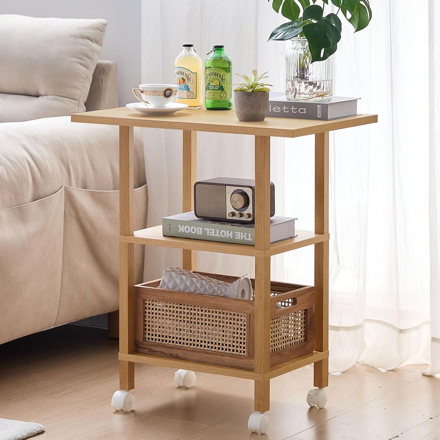 Lerliuo 3 Tier Printer Stand with Storage, Printer Table for Home Office, Wooden Rolling Printer Cart Shelf with Lockable Wheels fit Fax Machine, Scanner(Natural)