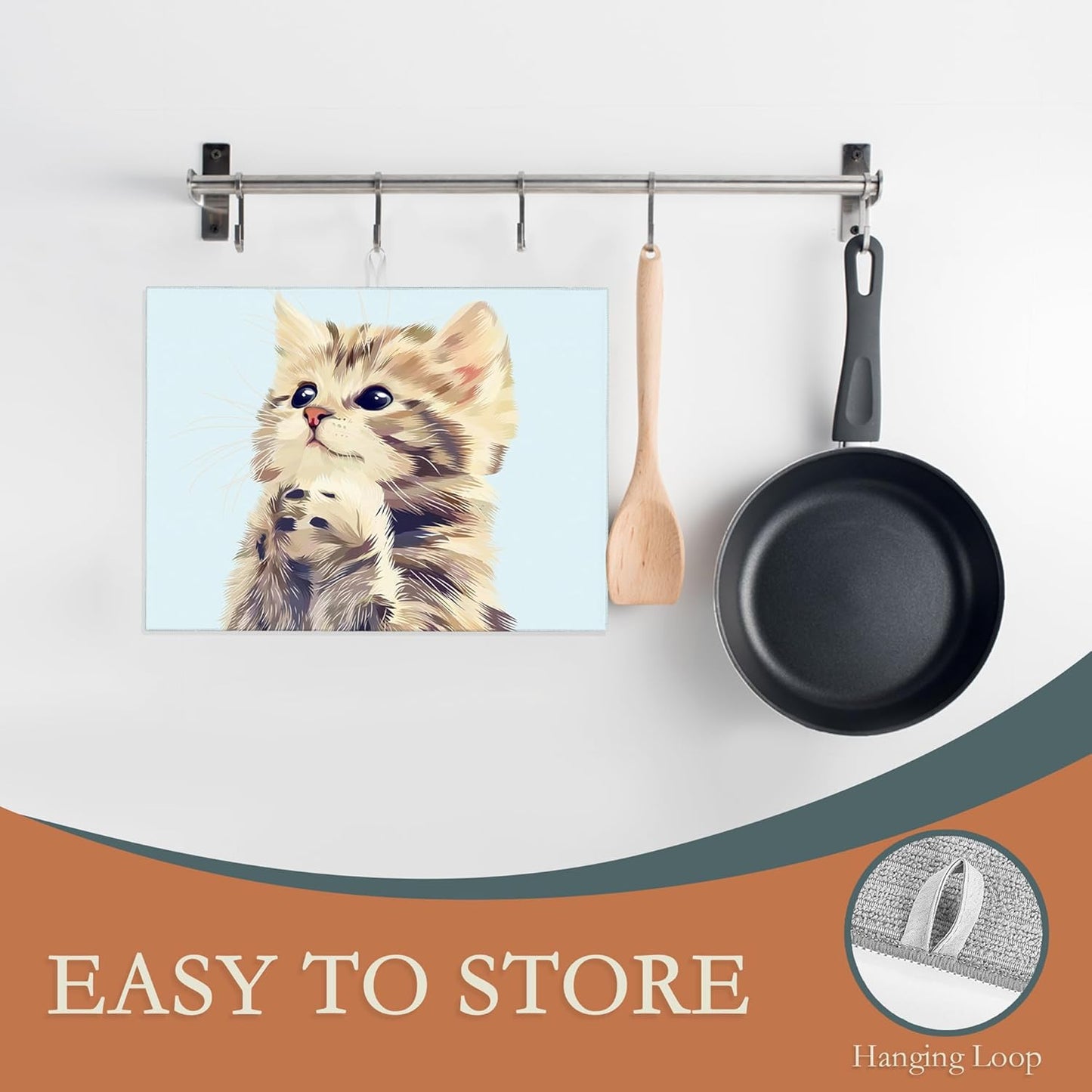 Cute Cat Dish Drying Mat for Kitchen Counter Decor,Watercolor Dish Drying Rack Pad Absorbent Reversible Microfiber for Coffee Tableware Sink Countertop 18x24 Inch