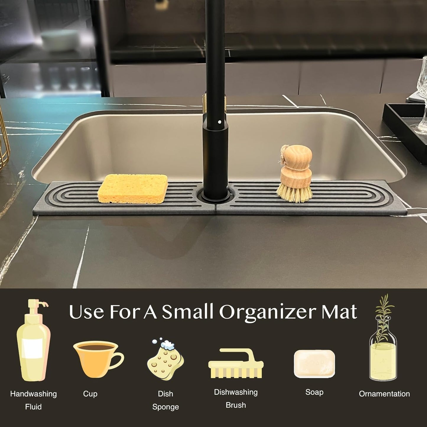 Stone Drying Mat for Kitchen Counter, Faucet Mat for Kitchen Sink, Diatomite Quick Drying Tray, Faucet Splash Guard for Bathroom Counter, Kitchen Drying Mat (DARK GREY, 23.6 * 4")