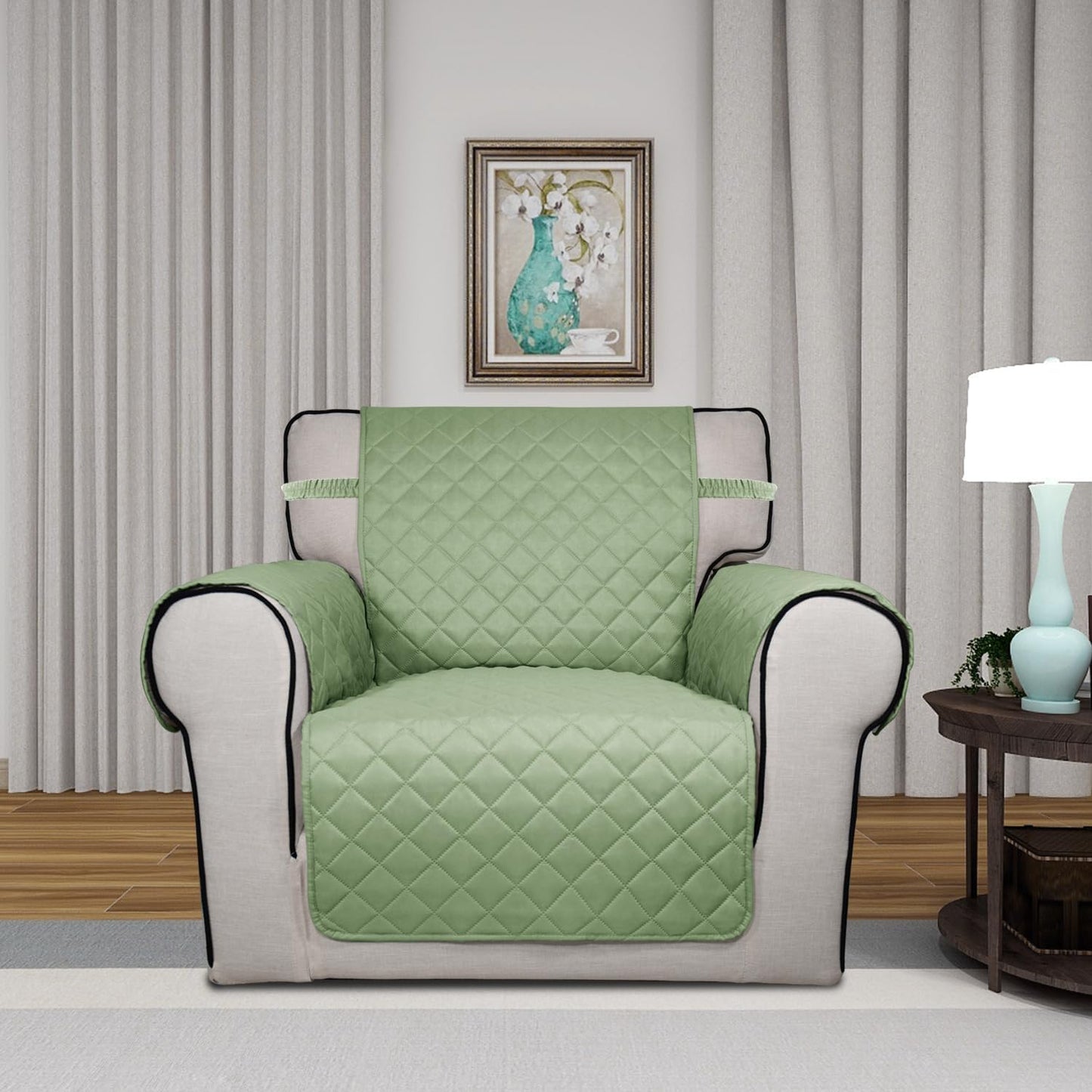 PureFit Reversible Quilted Sofa Cover, Water Resistant Slipcover Furniture Protector, Washable Couch Cover with Non Slip and Elastic Straps for Kids, Dogs, Pets (Chair, Sage Green/Ivory)