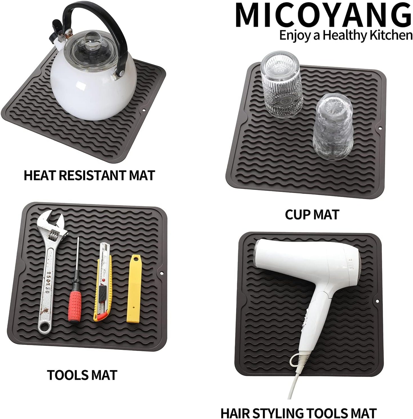 Silicone Dish Drying Mat for Multiple Usage,Easy clean,Eco-friendly,Heat-resistant Silicone Mat for Kitchen Counter or Sink,Refrigerator or Drawer liner Coffee M 12 inches x 12 inches