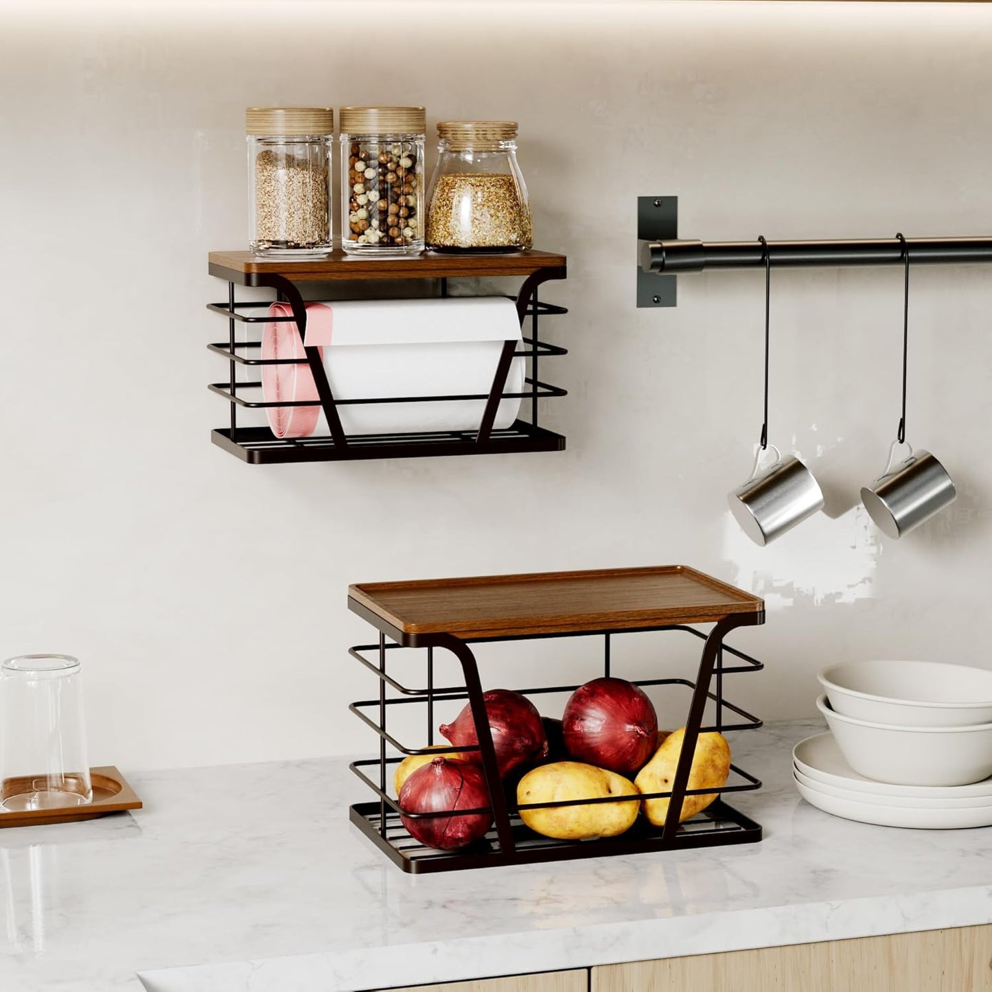 2 Pack Stackable Kitchen Organization,Counter Organizers and Pantry Organization for Home and Kitchen,Trash Bag Organizer Under Sink,Brown