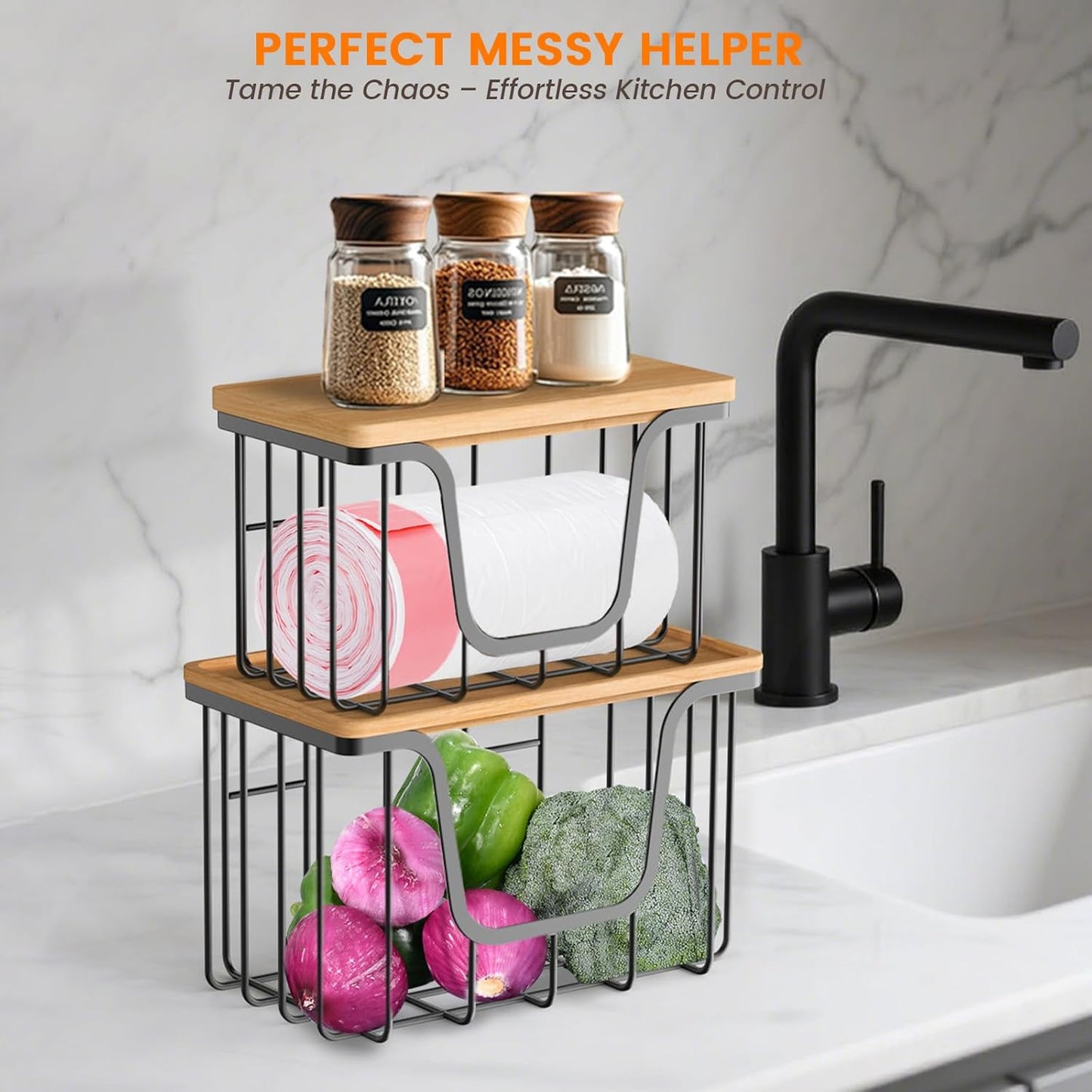 KONE Trash Bag Holder, 2 Pack Garbage Bag Dispenser, Storage Stackable Kitchen Organizer with Bamboo Top, Wall Mount Laundry Pantry Organization Black