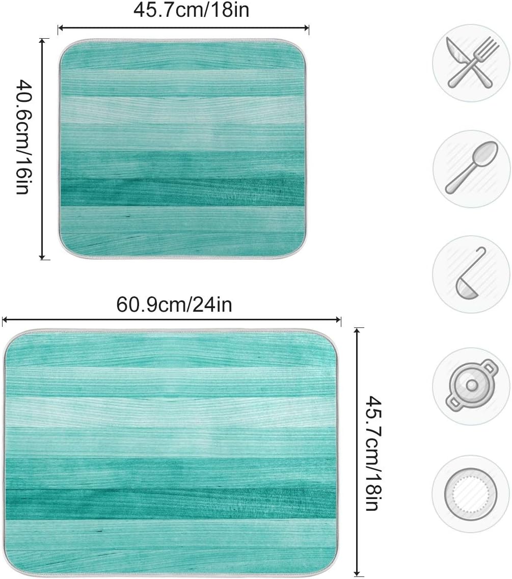 Teal Turquoise Green Wood Texture Dish Drying Mat 16x18 for Kitchen Green Blue Wooden Printing Dishes Pad Dish Drainer Rack Mats Absorbent Fast Dry Kitchen Accessories