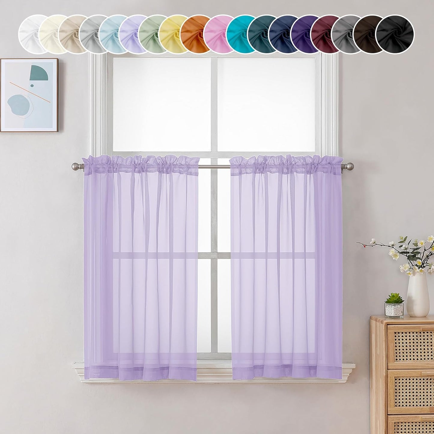Chyhomenyc Sheer Lilac Tier Curtains 24 Inch Length, Small Window Curtains Treatment for Bathroom Living Room Basement, Short Rod Pocket Cafe Curtain, 42W x 24L Inches, 2 Panels