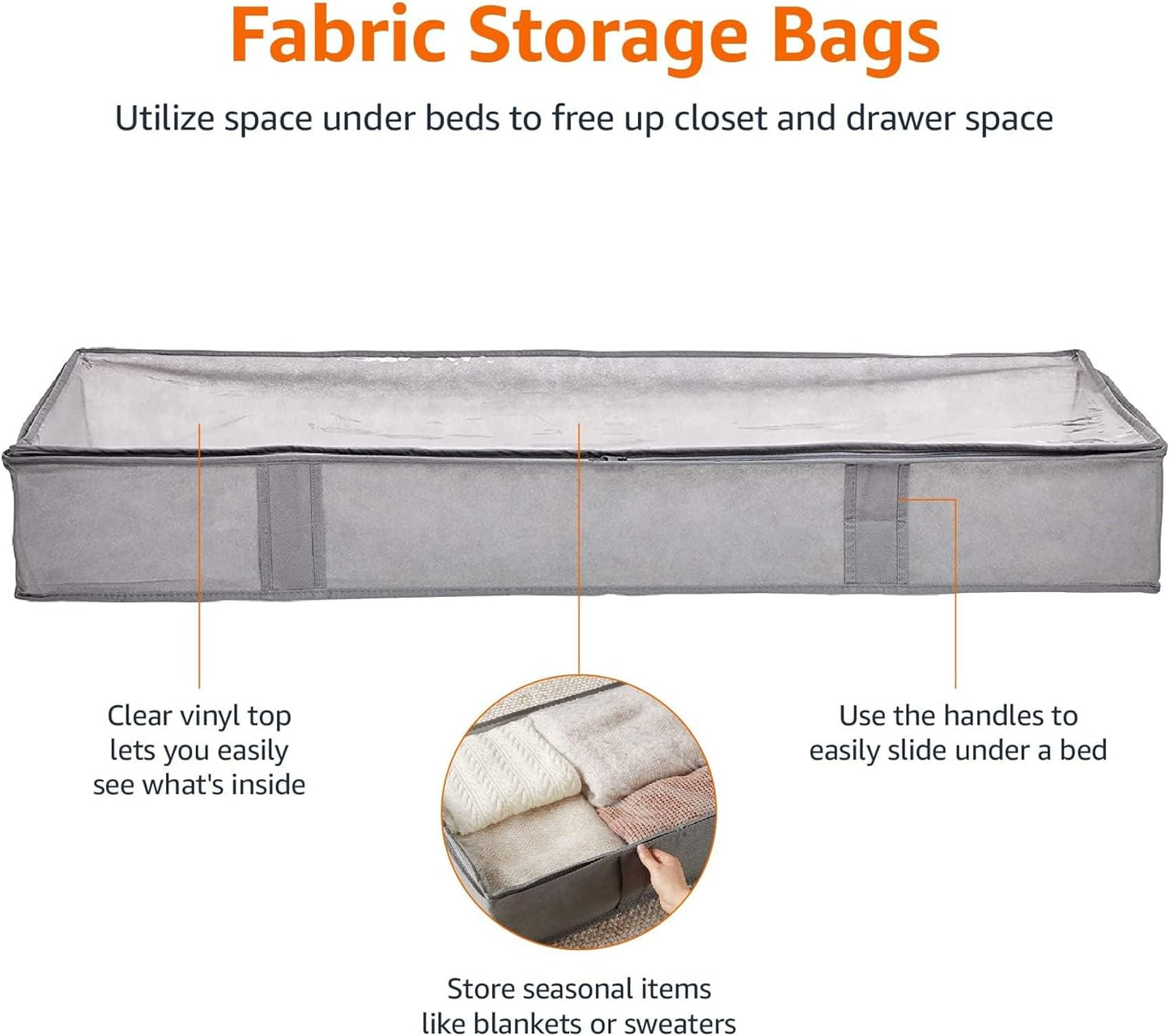 Amazon Basics Under Bed Fabric Zipper Blanket Storage Container Bags with Window and Handles, 2-Pack, 18 x 42 x 6 inches, Gray