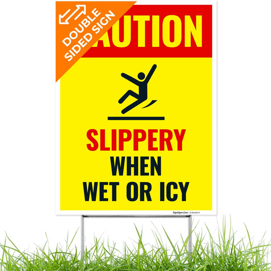 Caution Slippery When Wet or ICY Sign, (SI-84404) Double Sided 9x12 Inches, Corrugated Plastic with Metal H Stake, Made in USA by Sigo Signs