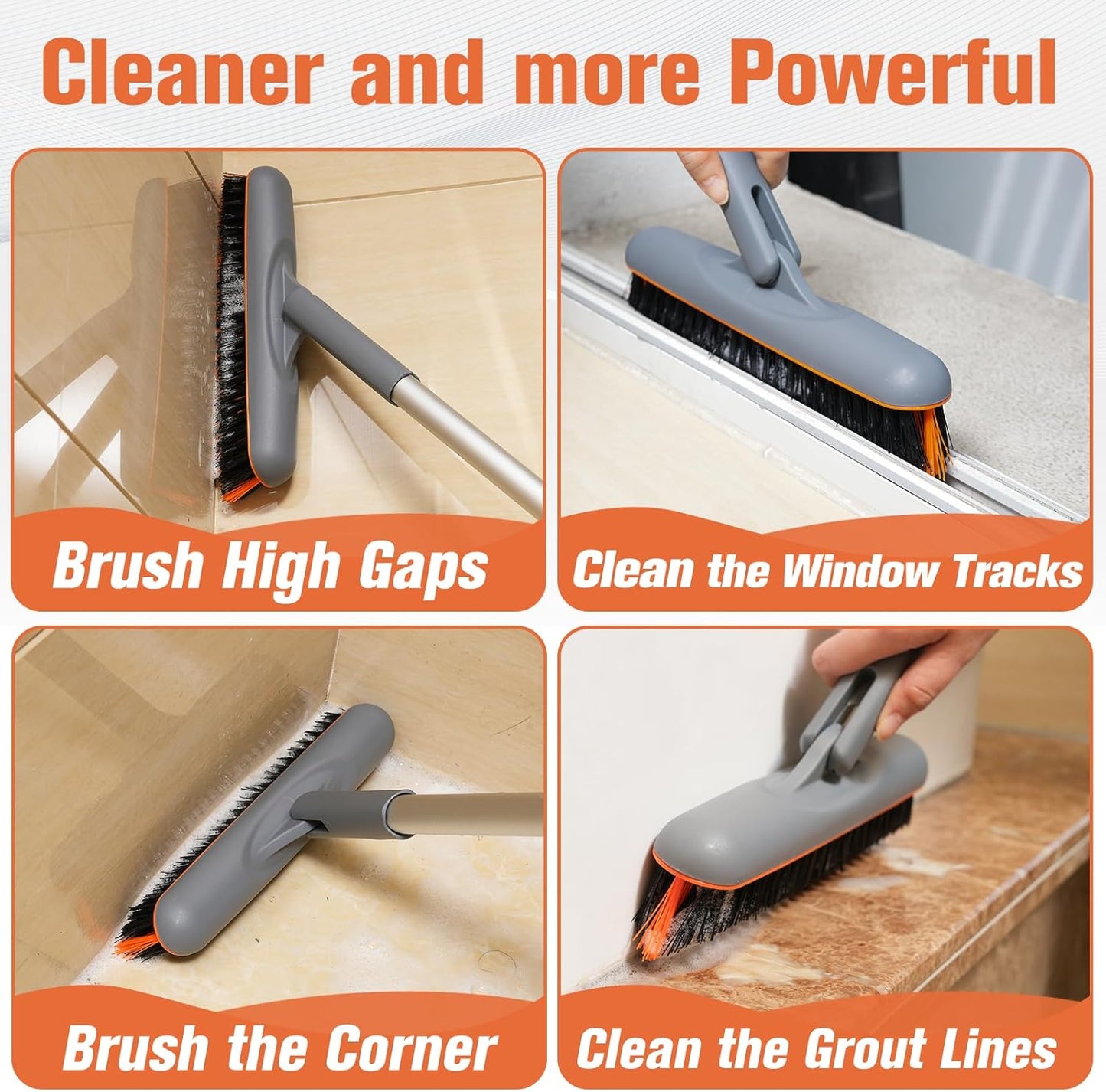 Eazer 53‘’ Grout Brush with Long Handle, 180°Rotation Tile Grout Cleaning Tool, V-Shape Shower Scrubber Cleaner, Stiff Bristle for Cleaning Bathroom Wall, Baseboards, Tile Floors - 2 Head
