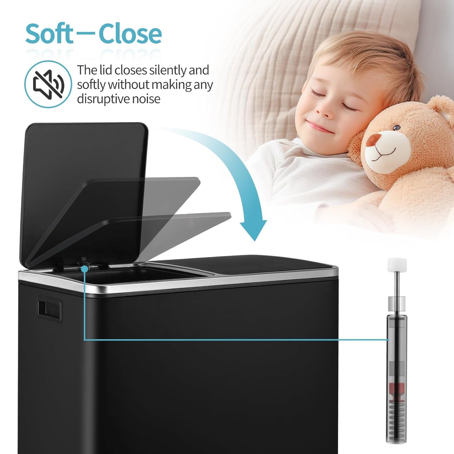 16 Gallon Rectangular Stainless Steel Trash Can, Dual Compartment Garbage Bin with Recycling Combo, Metal Dustbin Lid, Removable Liner, Indoor Hands Free Waste Bucket for Kitchen Home