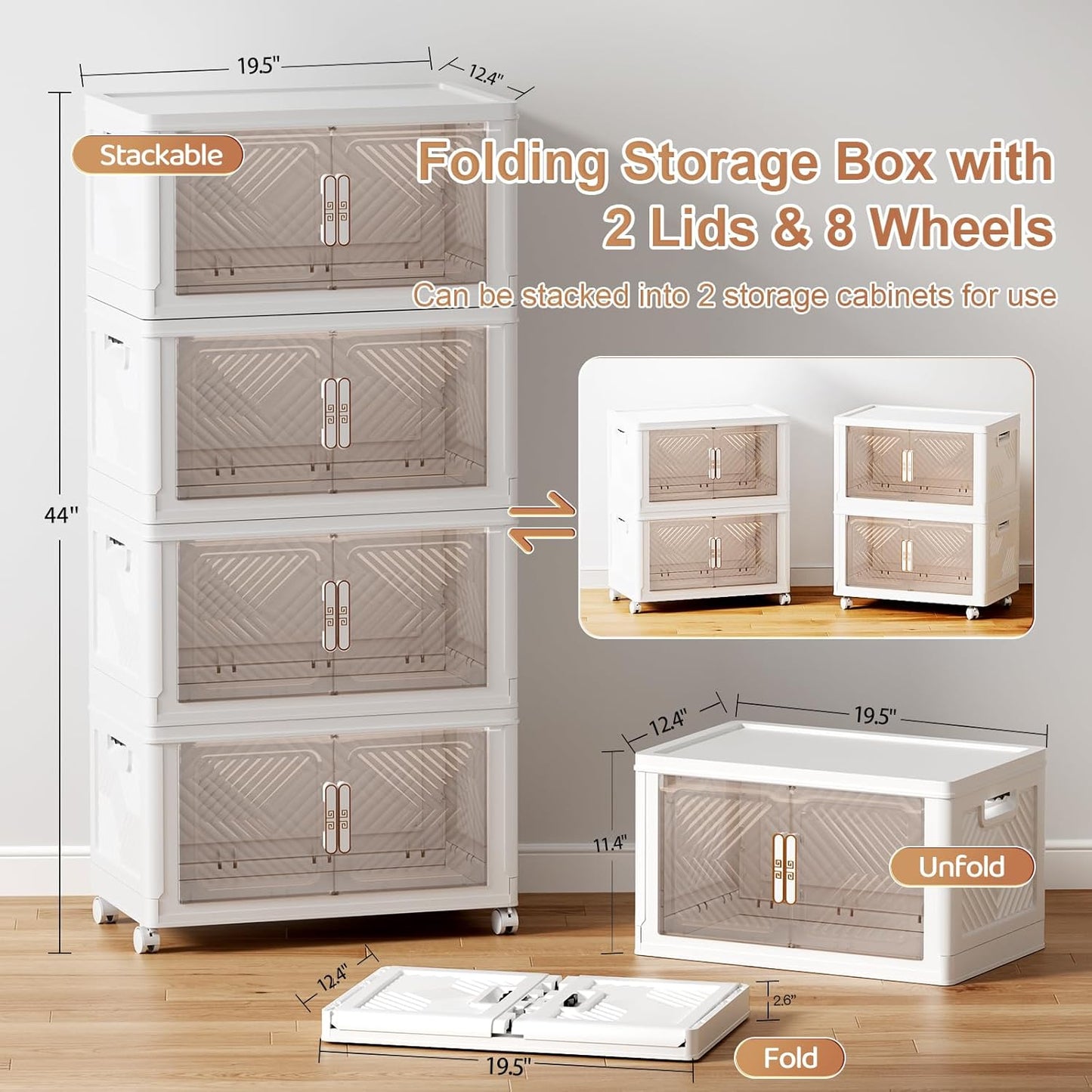 Storage Bins with Lid 48QT, Stackable Storage Containers with Wheels and Magnetic Doors, Plastic Clothes Closet Organizers and Storage Box for Pantry, Home and Office (4 Pack)