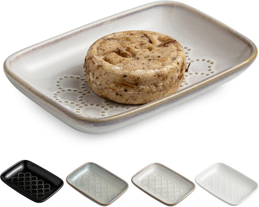 Gomakren Soap Dish for Shower, Ceramic Soap Dishes for Bar Soap Sponge, Shower Soap Holder Saver Tray for Bathroom Kitchen Sink, Easy to Clean, Beige