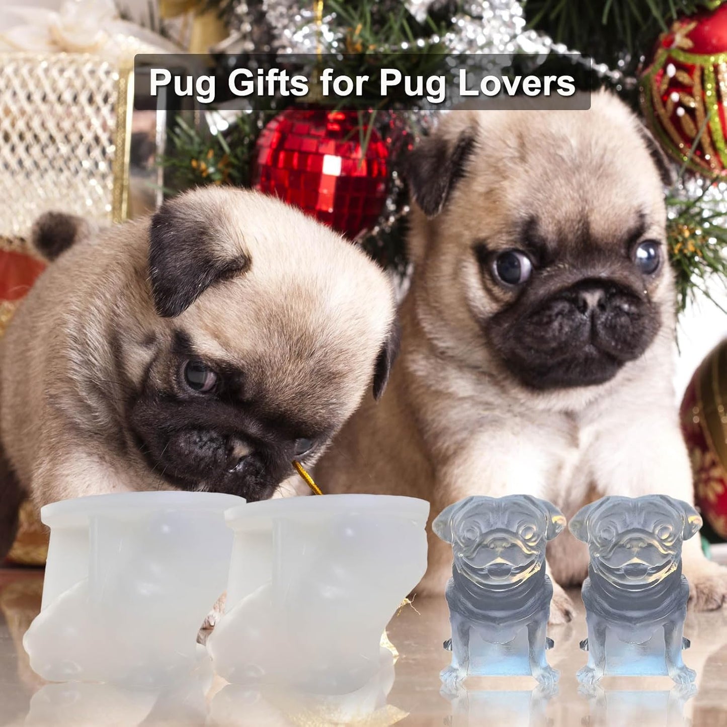 3D Pug Dog Ice Cube Silicone Molds Tray for Whiskey, Cocktail, Drink Decor, Bar; Rich Details. Fun Animal Shape Large Dogs Candle Epoxy Resign Mold; Pug Gifts for Women Kids Puppy Lover, 2 Pack