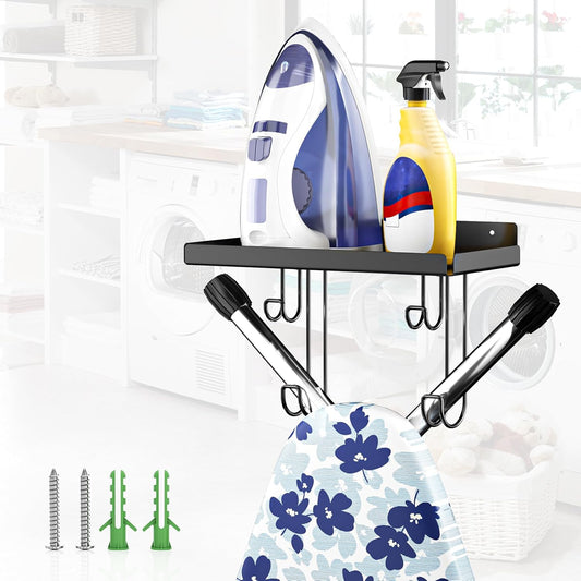 Ironing Board Holder Wall Mount, Ironing Board Hanger with Storage Shelf, Iron Board Holder for Wall, T&V Shaped Iron Board Hanger, Irons Storage for Laundry Room