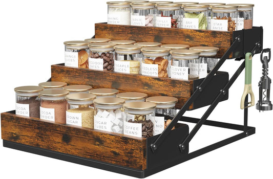 3 Tier Spice Rack Organizer for Cabinet, Foldable Spice Rack for Countertop, Cabinet Drawers Rustic Wooden Seasoning Spice storage for Kitchen Station, Pantry, Home - 1PC