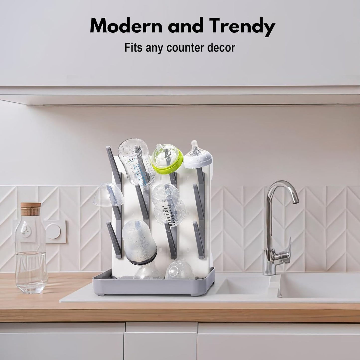 Space Saving Vertical Bottle Drying Rack, Large Countertop Baby Bottle Drying Rack Holder for Baby Bottles and Pump Parts, Gray