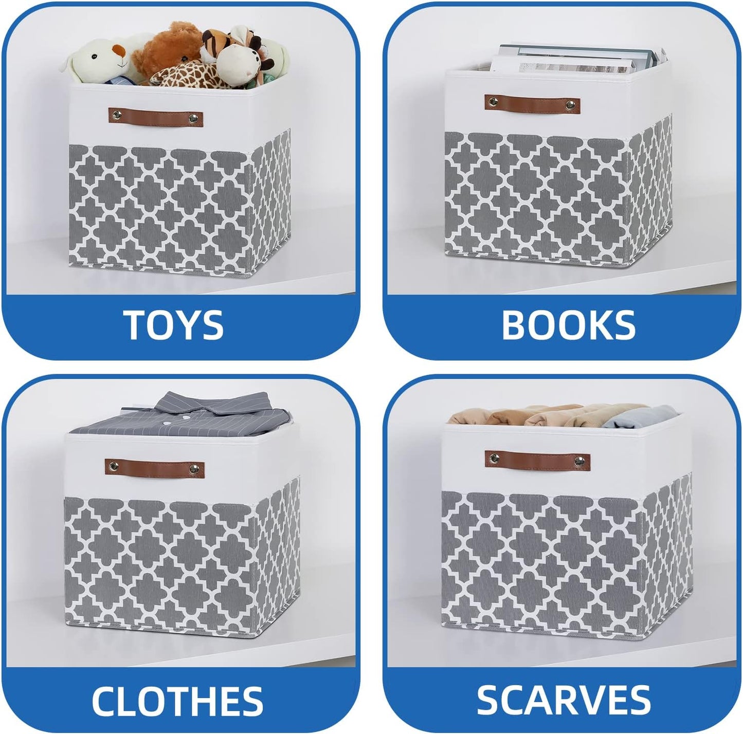 Temary 12x12x12 Fabric Storage Bins 4 Pack with Leather Handle, Foldable Cubes Storage Box Baskets for Closet, Shelf (White&Lattice)
