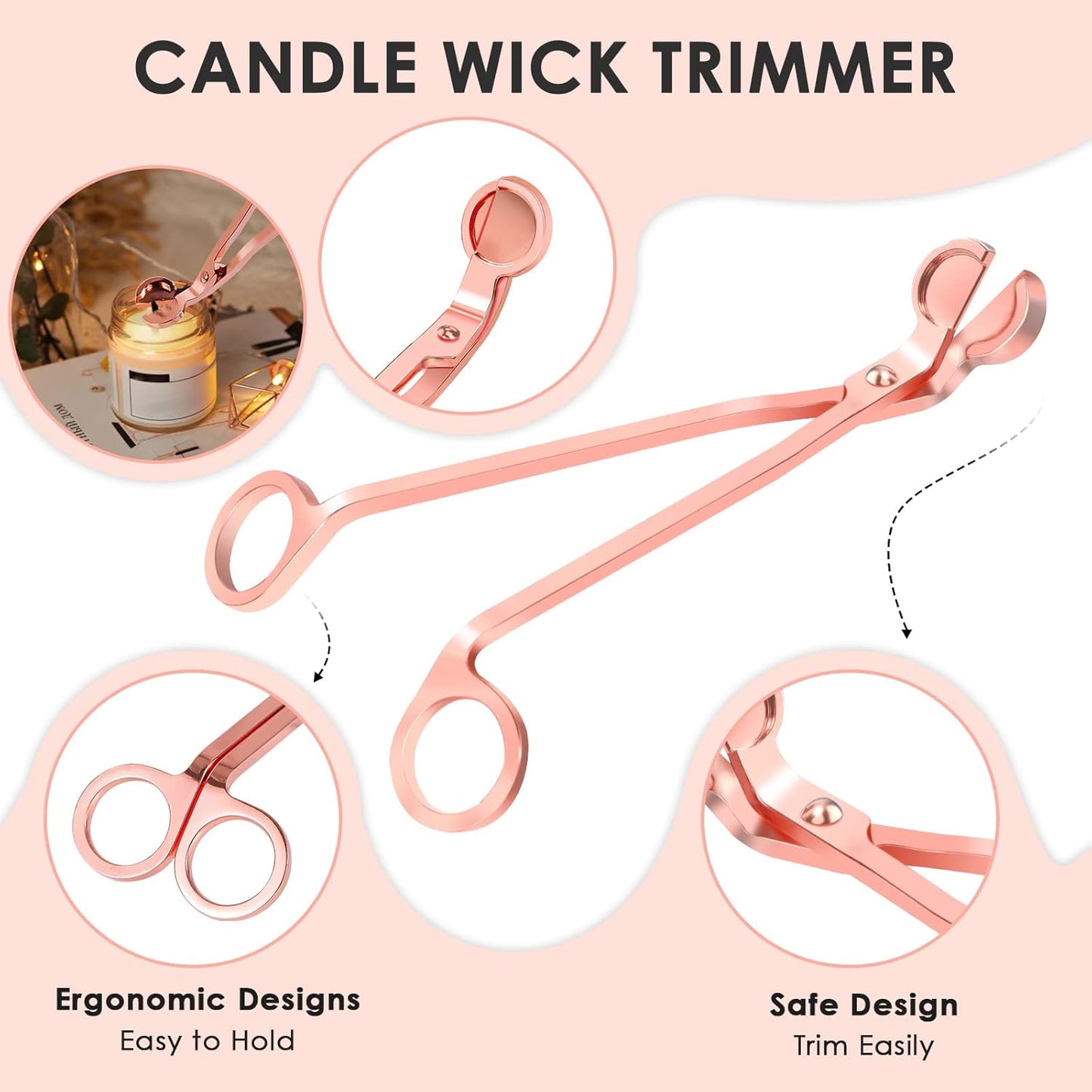 5 in 1 Candle Accessory Set,Candle Wick Trimmer Cutter Set,Candle Wick Dipper,Candle Wick Snuffer,Rechargeable Candle Lighter,Tweezers,Stainless Steel Candle Care Kit Gift for Aromatherapy(Rose Gold)…