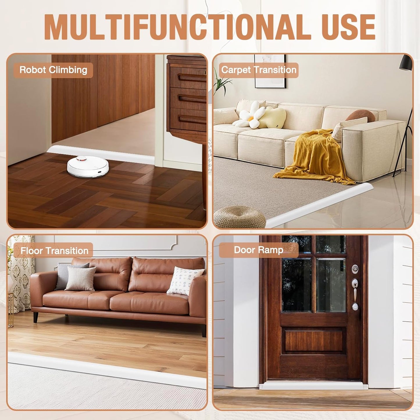 Floor Transition Strip Self Adhesive Vinyl Door Threshold for Doorways Carpet Edging Trim Overlap Edge Reducer for Laminate Floor, Carpet, Tile (White, 2/5" to 3/5", 10Ft)