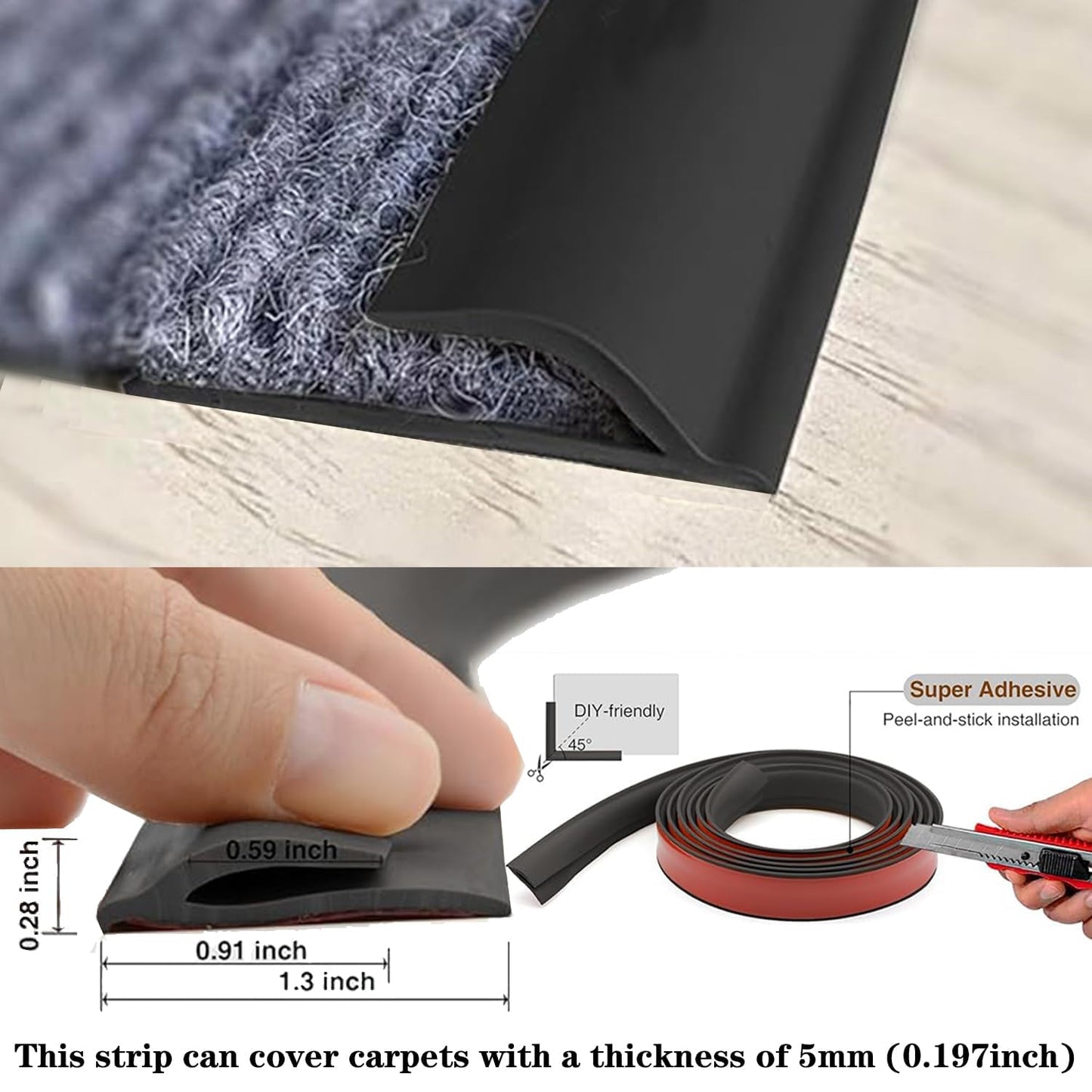 Self Adhesive Carpet Transition Strip with Edge Trim, Designed for Seamless Transitions from Carpet to Tile or Vinyl Floors, Perfect for Doorways.(Black,4ft)