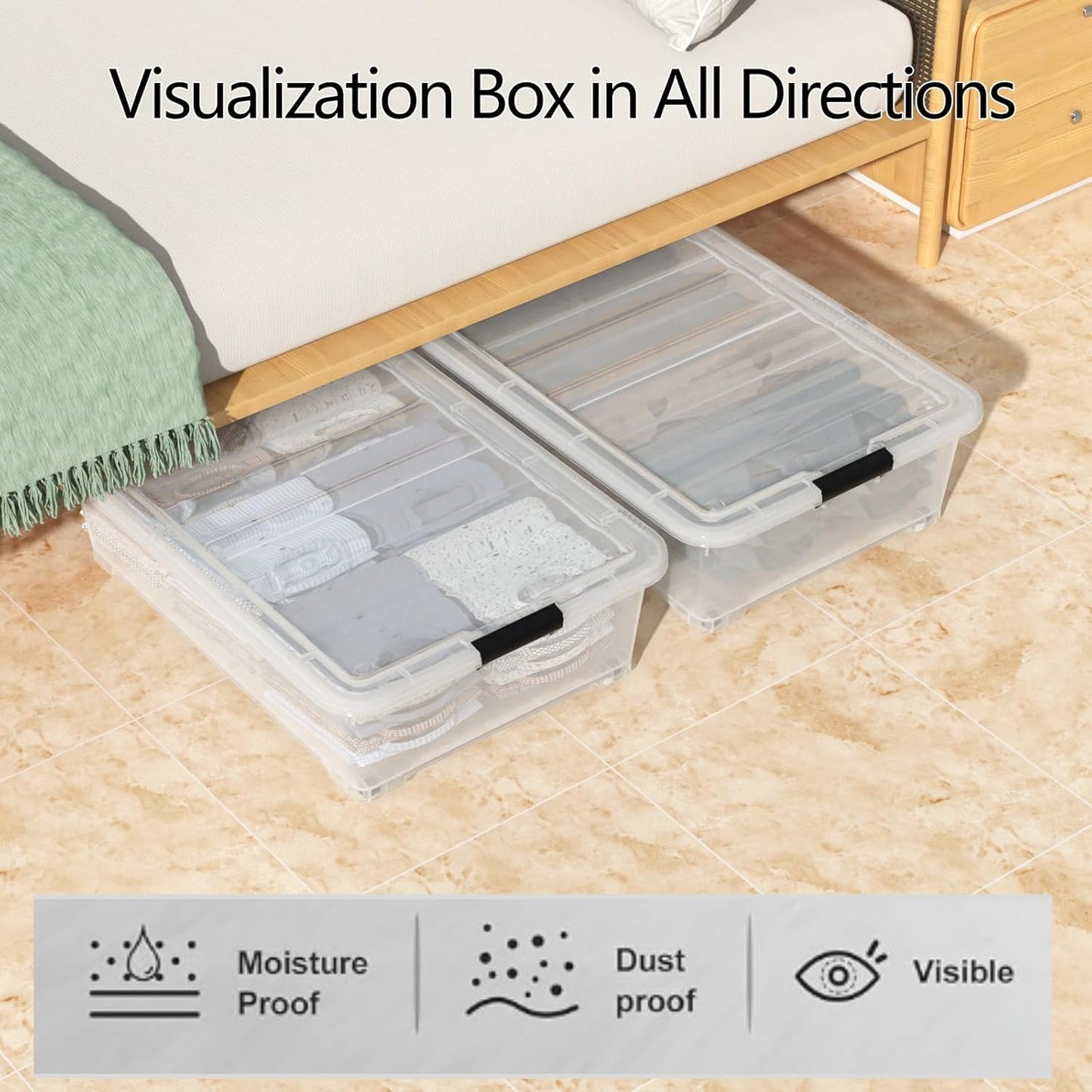 50 Quart Plastic Under Bed Storage Boxes, Clear Under Bed Storage Containers with Wheels, 3-Pack