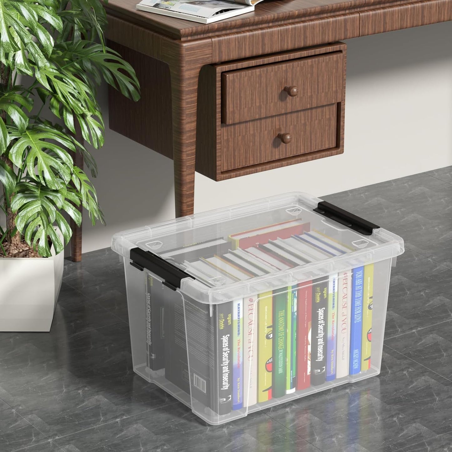 Set of 4 34 L Stackable Plastic Storage Bins with Latching Lids and Wheels, Clear Home Organization Container Box, See-Through