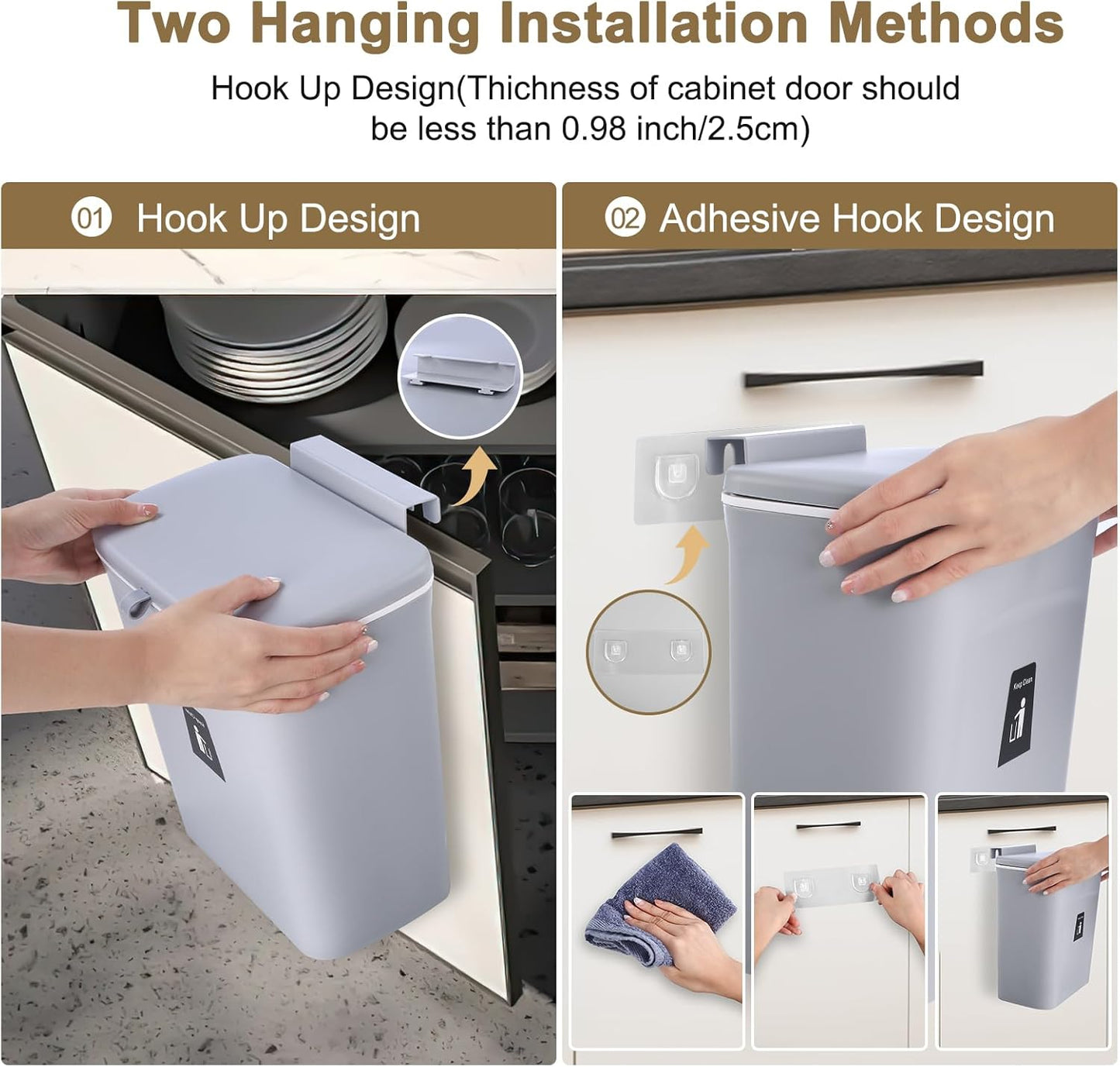 2 Pack Kitchen Compost Bin,Hanging Small Trash Can with Lid for Under Sink or Counter Top,Dustbin for Kitchen for Cabinet/Bathroom/RV//Camping//Office/Car