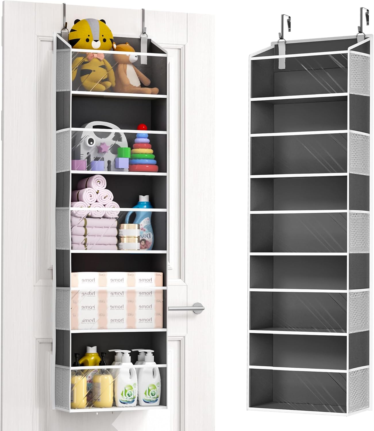 ULG 1-Pack Over Door Organizer with 5 Large Pockets 10 Mesh Side Pockets, 44 lbs Weight Capacity Hanging Storage Organizer with Clear Window for Bedroom Bathroom, RV, Clear Dark Grey