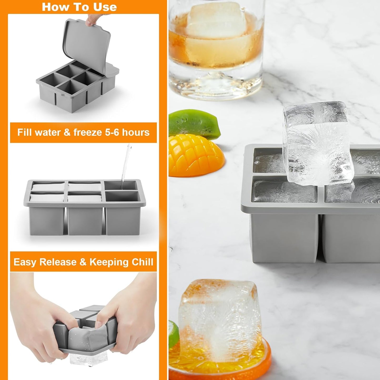 Nax Caki Silicone Large Ice Cube Trays with Lid Pack of 4, Stackable Big Square Ice Cube freezer Molds for Whiskey Cocktails Bourbon Soups Frozen Treats