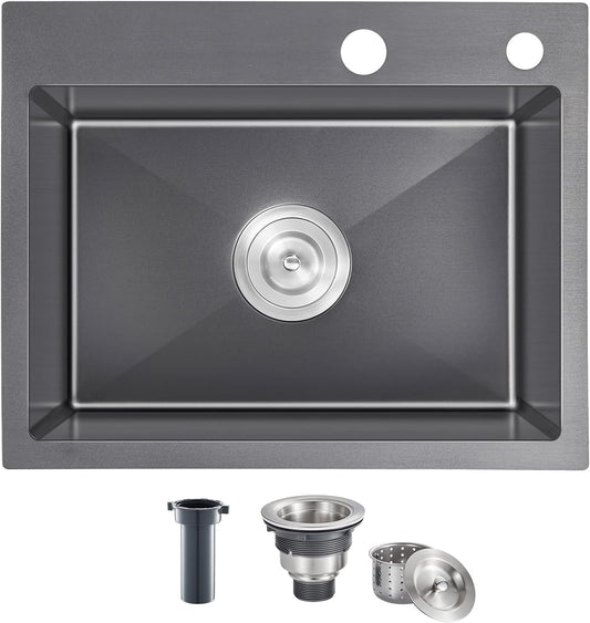 22x18 Inch Drop in Kitchen Sink, Handmade 304 Black Stainless Steel Sink, 9" Deep Single Bowl, Topmount with 2 Holes, R10 Tight Corner, for Modern Kitchen/RV/Bar Sink