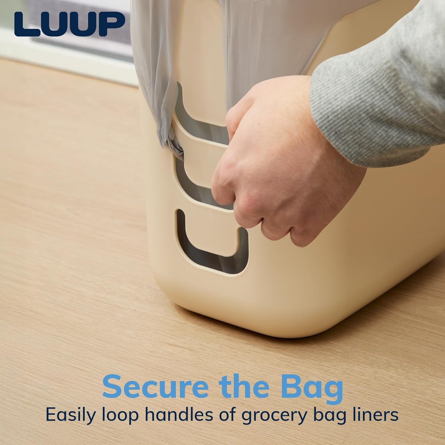 STORi Luup Bathroom Wastebasket, Secure Grocery Bags, Plastic Garbage Container for Vanity, Laundry Room, Kitchen, Office, 2.5 Gallon, Beige, Made in USA