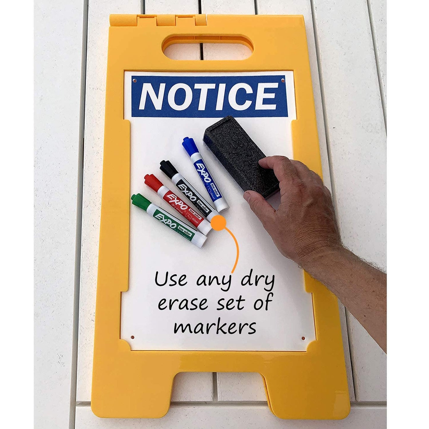 SmartSign 25 x 12 inch “Notice” Write-On Two-Sided Folding Floor Sign, Dry Erase, Digitally Printed Polypropylene Plastic, Multicolor, Made in USA