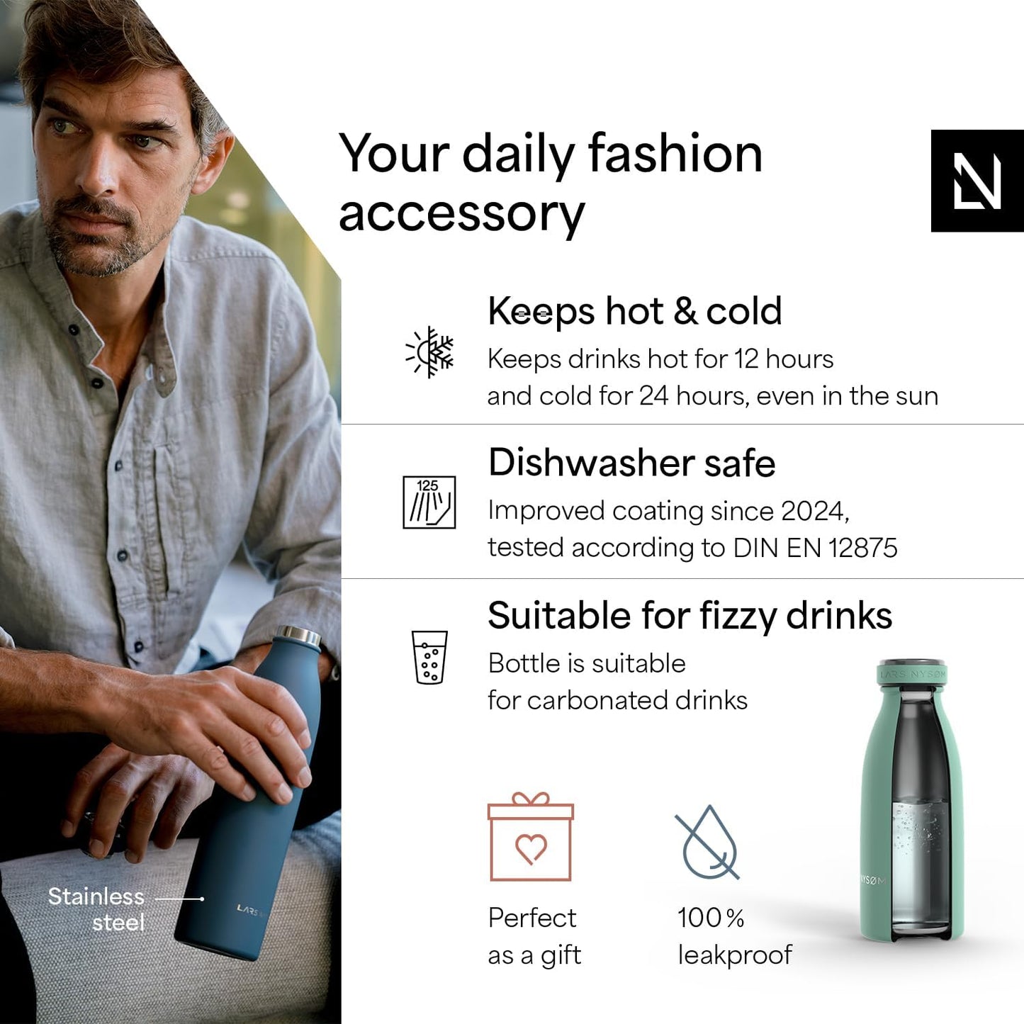 LARS NYSØM Stainless Steel Insulated Water Bottle 12oz 17oz 25oz 34oz 51oz | Insulated Thermo Flask for Hot and Cold Beverages | Leakproof Drinking Bottle (Aqua Turquoise, 11.9oz)