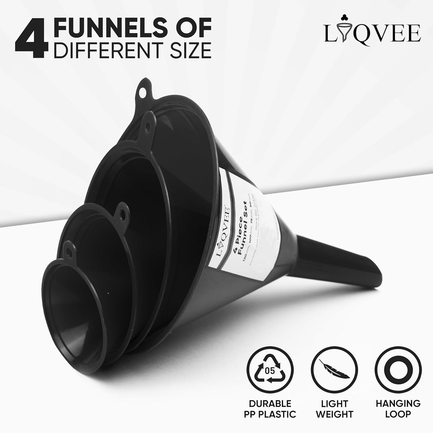 Funnels for Kitchen Use – Black Set in 4 Sizes (122, 101, 76 & 50mm) | Durable, Non-Toxic Food Grade Plastic – Ideal for Filling Bottles, Jars & Containers | Perfect for Kitchen, Garage & Labs