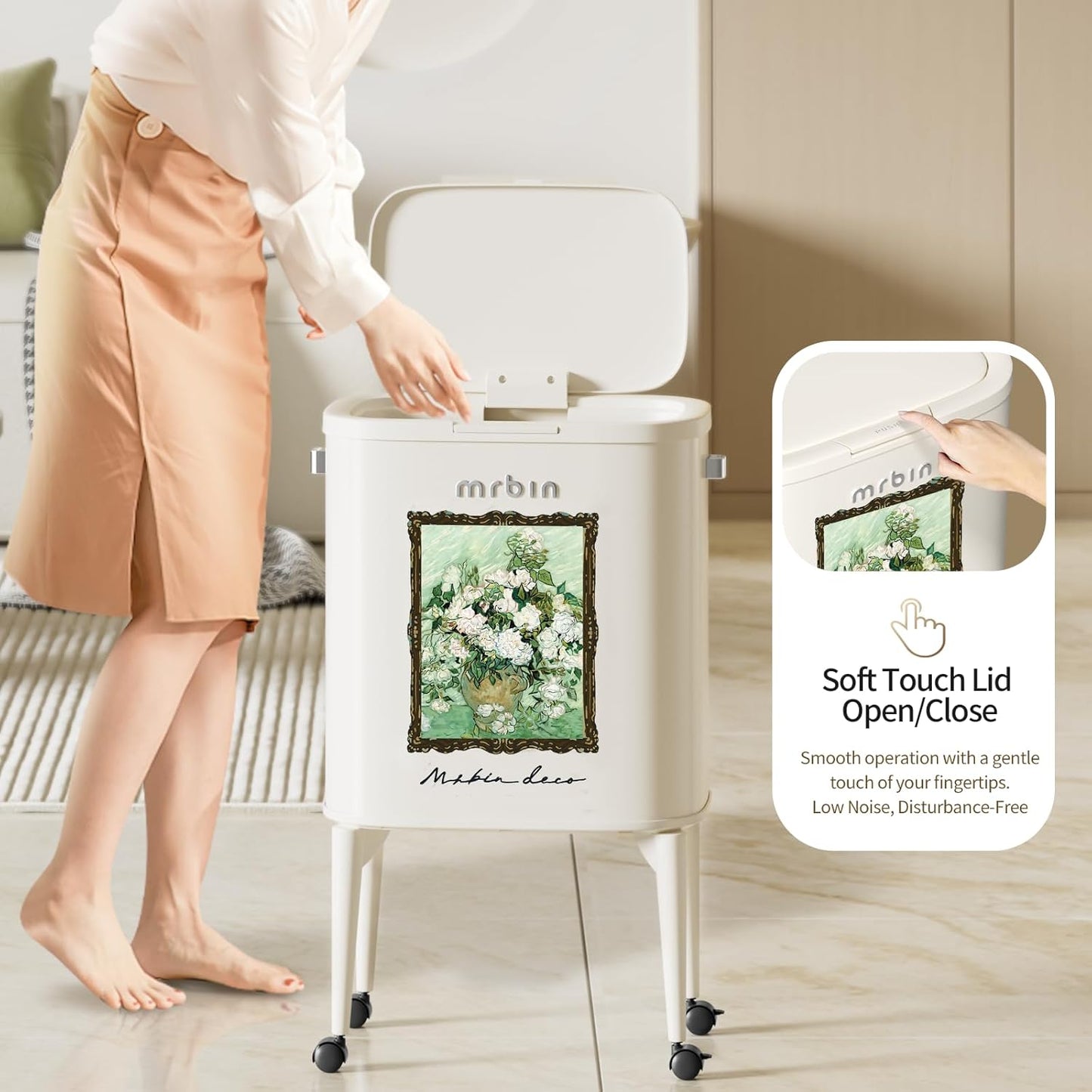 MRBIN Metal Kitchen Trash Can with Wheel Legs, 36L / 9.5gal Medium Press Lid Slim Removable Waste Basket, Pet Proof Tall Narrow Garbage Pail for Vanity, Bedroom, Bathroom, Living Room, White Rose