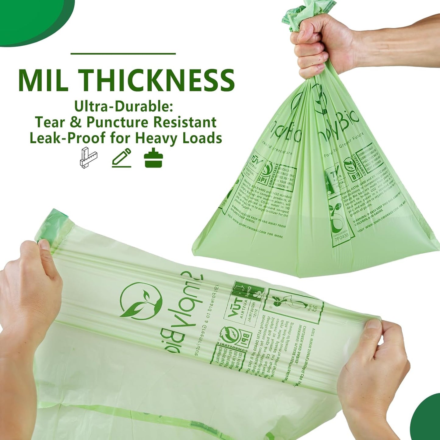 3 Gallon Compostable Trash Bags Drawstring, Heavy Duty Extra Thick 1 Mil, 11.36 Liter, 50 Bags, Small Kitchen Food Scrap Waste Bag, ASTM D6400, US BPI and OK Compost Home Certified